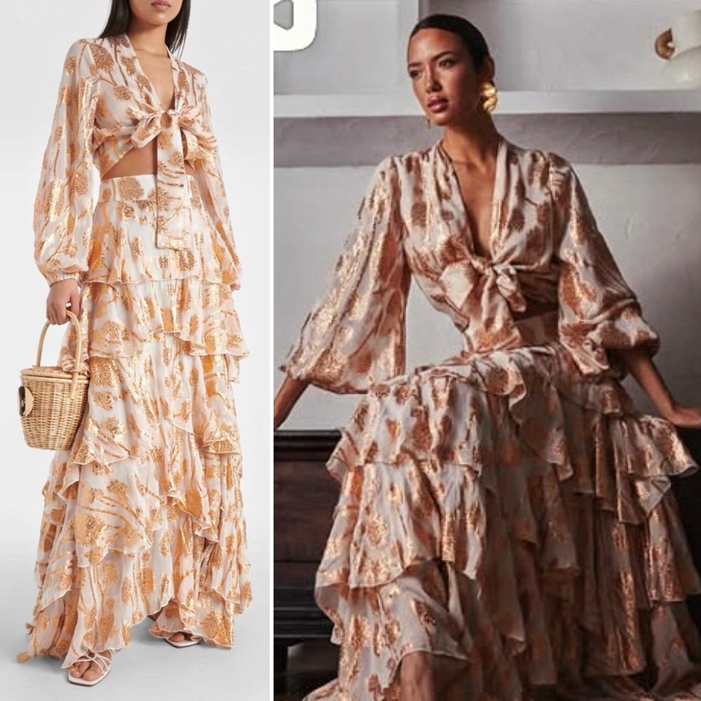 Alexandra Miro Cordelia Tiered Ruffle Maxi Skirt Gold Metallic Floral Large L - Picture 13 of 14